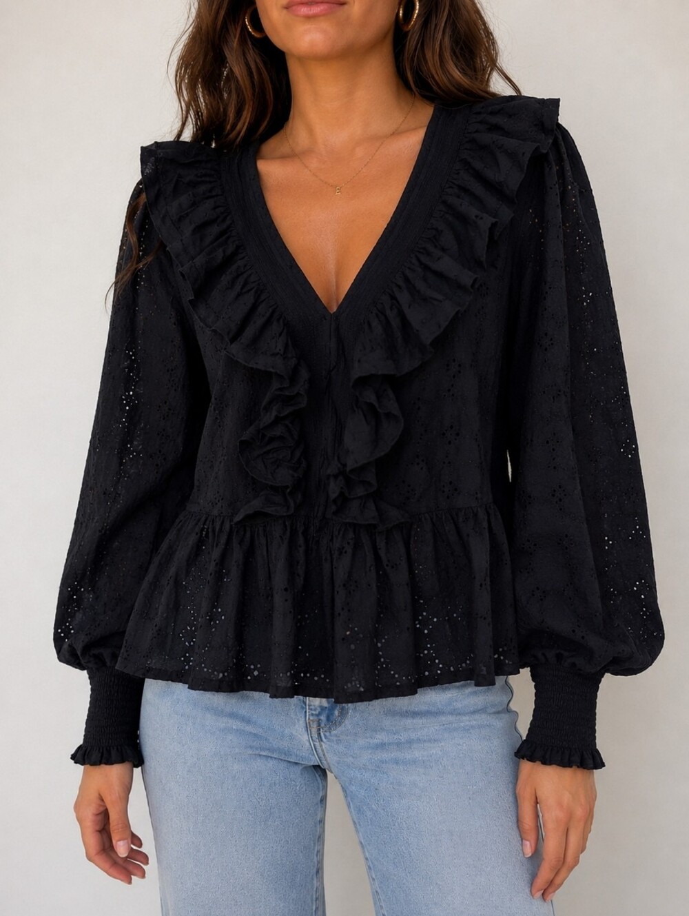 Y.A.S Organic Cotton Eyelet Ruffle Blouse Black V Neck Romantic Boho Long Sleeve